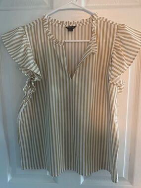 Ann Taylor Cream and Tan Striped Ruffle Sleeve Blouse